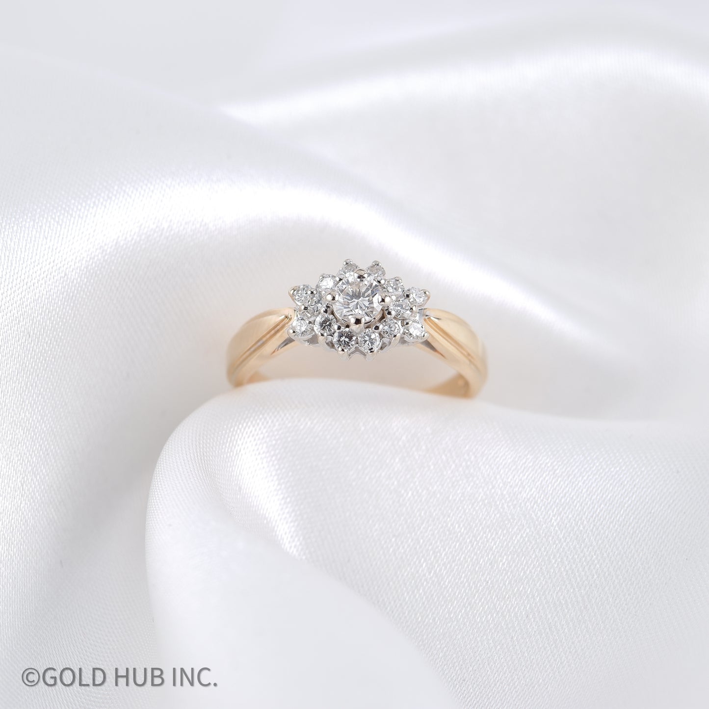 Floral Inspired Solitaire Ring with Diamond Cluster Petals - 14K Gold Band