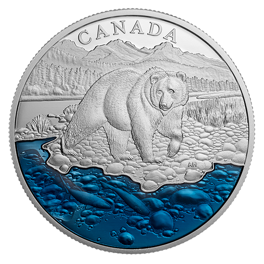 99.99% Pure Silver Grizzly Bear with Blue Enamel - Mintage: 4,000 (2017)