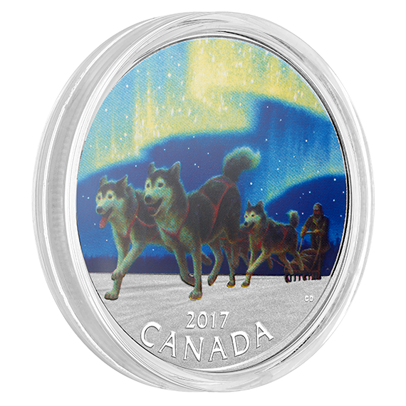 1/2 oz. Pure Silver Coloured Coin - Iconic Canada: Dog Sledding Under the Northern Lights