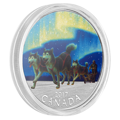 1/2 oz. Pure Silver Coloured Coin - Iconic Canada: Dog Sledding Under the Northern Lights