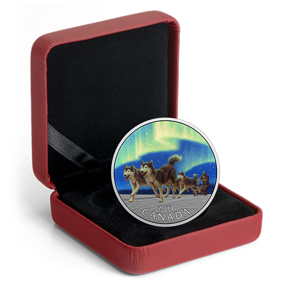 1/2 oz. Pure Silver Coloured Coin - Iconic Canada: Dog Sledding Under the Northern Lights