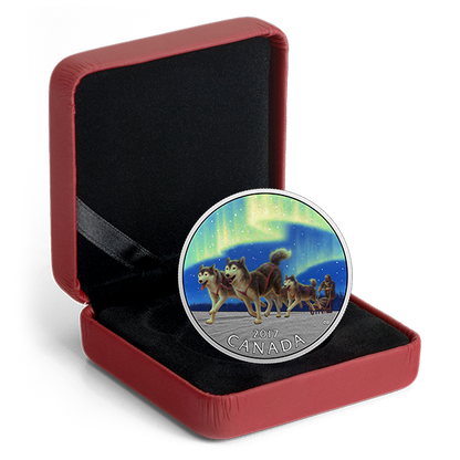1/2 oz. Pure Silver Coloured Coin - Iconic Canada: Dog Sledding Under the Northern Lights