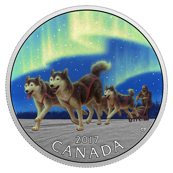 1/2 oz. Pure Silver Coloured Coin - Iconic Canada: Dog Sledding Under the Northern Lights