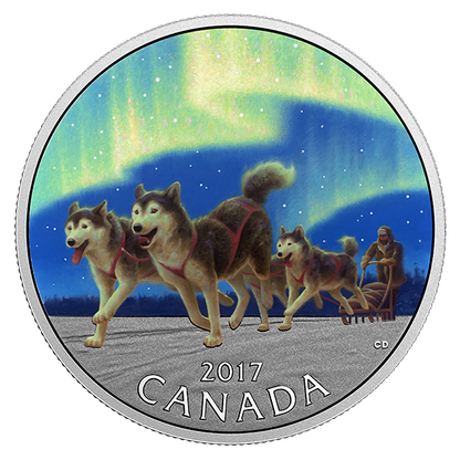1/2 oz. Pure Silver Coloured Coin - Iconic Canada: Dog Sledding Under the Northern Lights