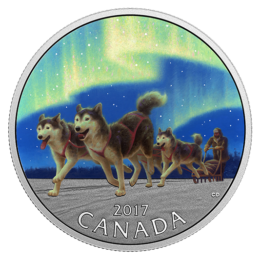 1/2 oz. Pure Silver Coloured Coin - Iconic Canada: Dog Sledding Under the Northern Lights