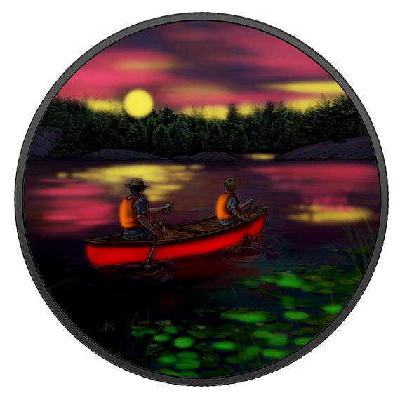 Great Canadian Outdoors: Sunset Canoeing - Pure Silver Glow-in-the-Dark Coin