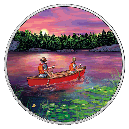 Great Canadian Outdoors: Sunset Canoeing - Pure Silver Glow-in-the-Dark Coin