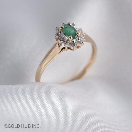 Princess Diana Inspired 10K Gold Emerald Color Stone Ring with Shining Halo