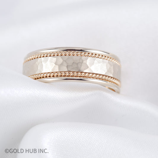 Exclusive 14K Gold Hammered Inlay Wedding Band with Rope Edging