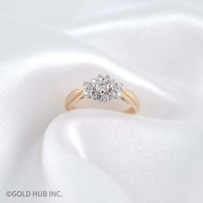 Floral Inspired Solitaire Ring with Diamond Cluster Petals - 14K Gold Band