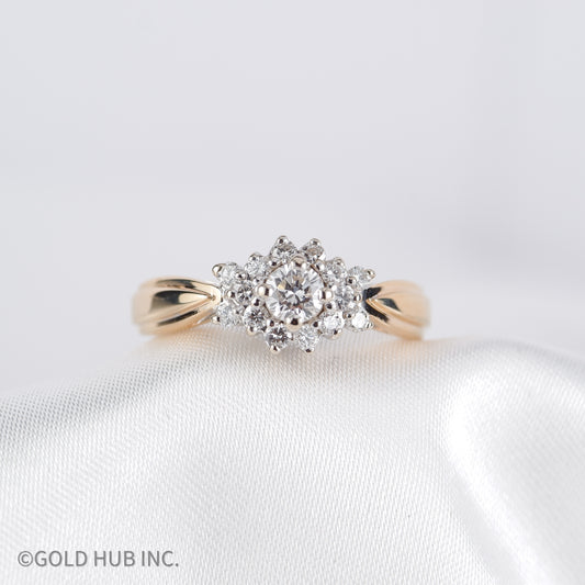 Floral Inspired Solitaire Ring with Diamond Cluster Petals - 14K Gold Band